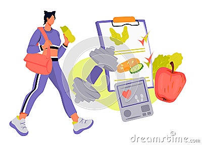 Sport activity and diet plan concept with sportive woman going to training, flat vector isolated Vector Illustration