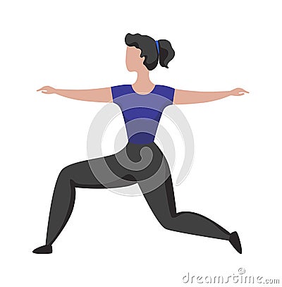 Sport activity. Woman doing exercises. Athletic female training. Character standing in yoga asana. Fitness and Pilates Vector Illustration