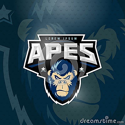 Sport Apes Abstract Vector Sign, Emblem or Logo Template. Sport Team Mascot Label. Angry Gorilla Face with Typography Vector Illustration