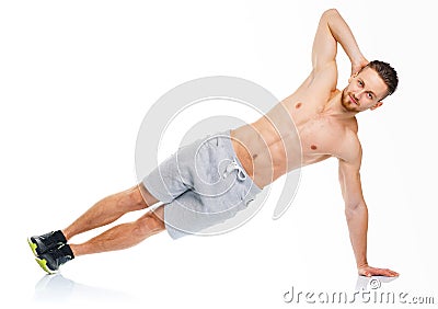 Sport attractive man doing fitness exercises on the white Stock Photo