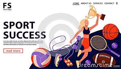 Sport award concept with with happy sport athlete holding gold award cup and sports equipment. Vector Illustration