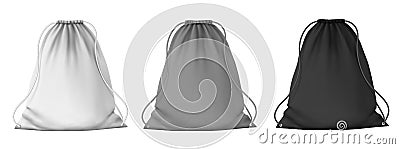 Sport backpack mockup. School blank drawstring bags with strings for clothes and shoes. Realistic 3D white, gray and Vector Illustration