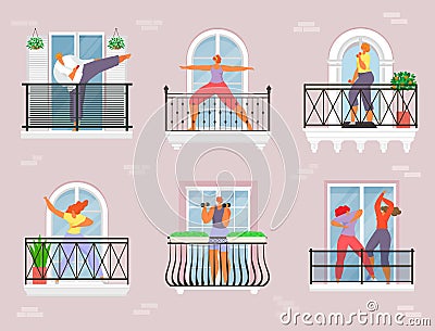 Sport at balcony, quarantine house vector illustration. Person character do exercise at home, flat yoga girl at Vector Illustration