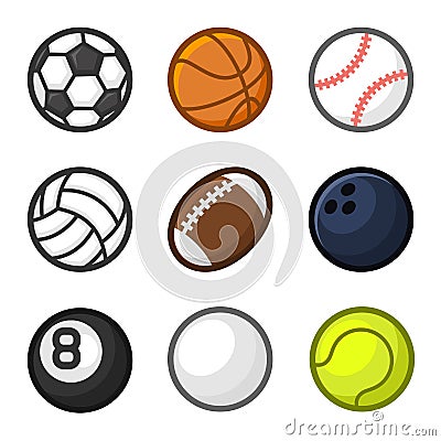 Sport Balls Cartoon Style Set on White Background. Vector Vector Illustration