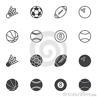 Sport balls icon set, line and glyph version Vector Illustration