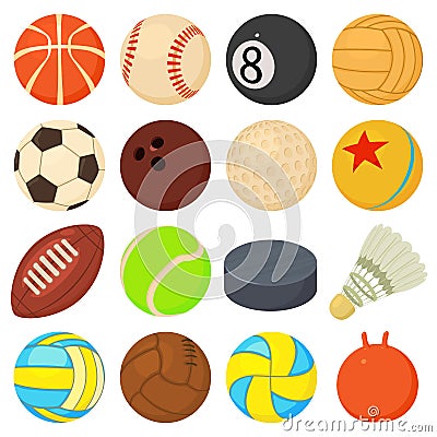 Sport balls icons set play types, cartoon style Vector Illustration