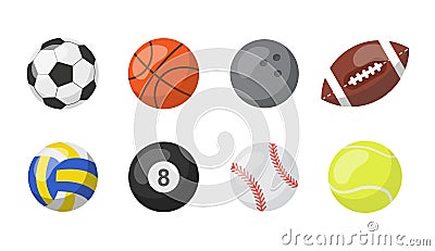 Sport balls isolated on white backgrund. Sports equipment pack. Vector Illustration