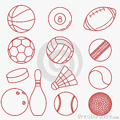 Sport balls red thin line design Vector Illustration