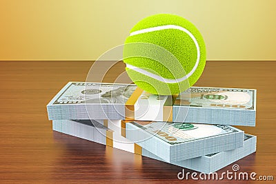 Sport bets. Money and tennis ball on the wooden table, 3D render Stock Photo