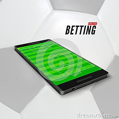 Sport betting online in app on mobile phone. Soccer field on smartphone screen. Sport betting banner on football ball background Vector Illustration