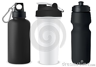 Sport bottle set. Water flask mockup. Protein can Vector Illustration