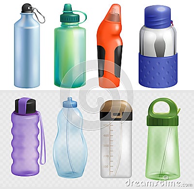 Sport bottle vector sportive water bottled drink thermo and fitness plastic energy beverage with straw illustration Vector Illustration