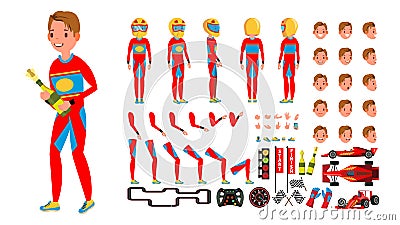 Sport Car Racer Male Vector. Red Uniform. Rally Race Car Driver. Animated Character Creation Set. Man Full Length, Front Vector Illustration