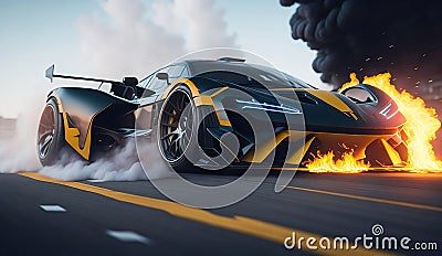 sport car wallpaper drifting on the racing track with smoke and fire from wheels Stock Photo