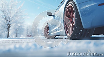 Sport Car Wheel Detail on Icy Winter Road. Generative ai Cartoon Illustration