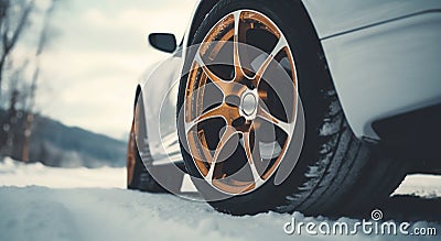 Sport Car Wheel Detail on Icy Winter Road. Generative ai Cartoon Illustration