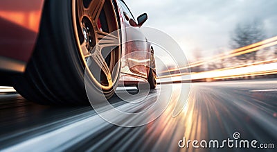 Sport Car Wheel Detail on Icy Winter Road. Generative ai Cartoon Illustration