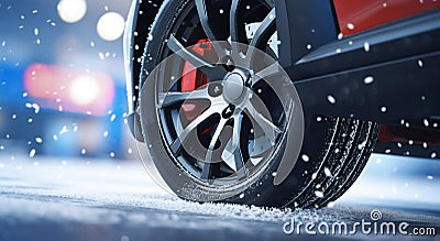 Sport Car Wheel Detail on Icy Winter Road. Generative ai Cartoon Illustration