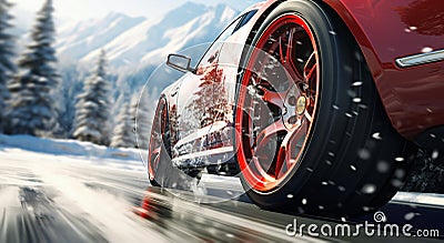 Sport Car Wheel Detail on Icy Winter Road. Generative ai Cartoon Illustration