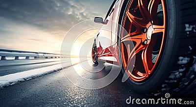 Sport Car Wheel Detail on Icy Winter Road. Generative ai Cartoon Illustration