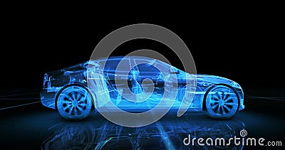 Sport car wire model with blue neon ob black background Stock Photo