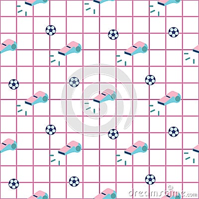 Sport child seamless pattern background with whistle and ball. Vector Illustration