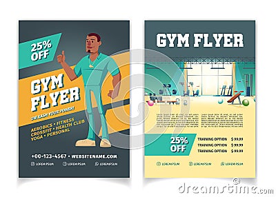 Sport club gym cartoon vector flyer template Vector Illustration