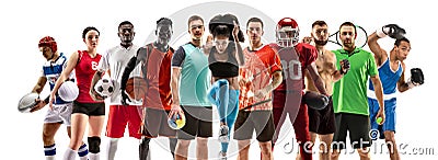 Sport collage about female athletes or players. The tennis, running, badminton, volleyball. Stock Photo