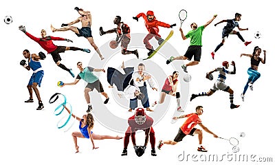 Sport collage about female athletes or players. The tennis, running, badminton, volleyball. Stock Photo