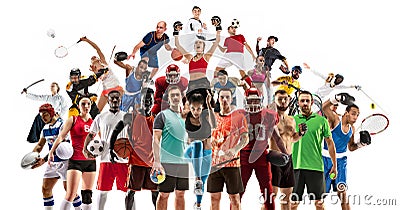 Sport collage about female athletes or players. The tennis, running, badminton, volleyball. Stock Photo