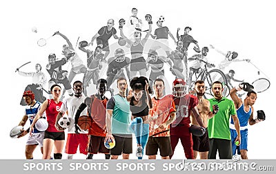 Sport collage about female athletes or players. The tennis, running, badminton, volleyball. Stock Photo