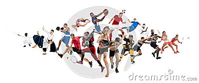 Sport collage about kickboxing, soccer, american football, basketball, ice hockey, badminton, taekwondo, tennis, rugby Stock Photo