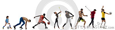 Sport collage. Mixed ages sportsmen, tennis, soccer football, basketball players in action isolated on white studio Stock Photo