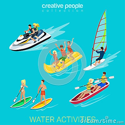 Sport collection: wind surf, boating, scooter, banana Stock Photo