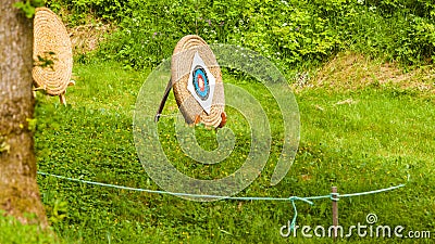 Shooting target and bullseye with many bullet holes Stock Photo