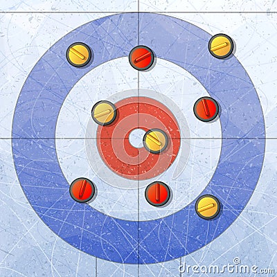 Sport. Curling stones on ice. Curling House. Playground for curling sport game. Red and yellow stones. Textures blue ice Vector Illustration