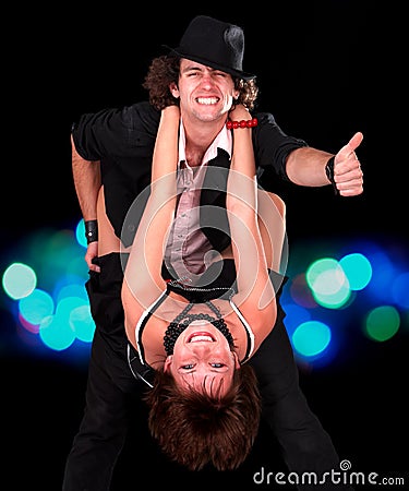 Sport dance couple girl and man with thumb up. Stock Photo