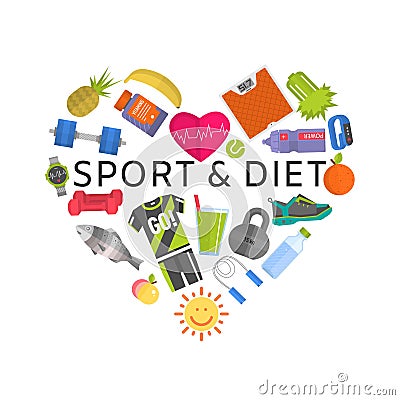 Sport and diet healthy lifestyle love, vegeterian diet and with weight scales, sport wear and food in heart shape vector Vector Illustration