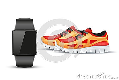 Sport digital smart watch and sneakers. Stock Photo