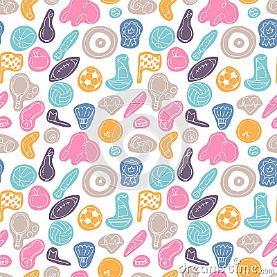 Sport doodle hand drawn seamless pattern. Sport equipments. Fitness, healthy lifestyle Vector Illustration