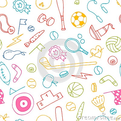 Sport doodle hand drawn seamless pattern. Sport equipments. Fitness, healthy lifestyle Vector Illustration