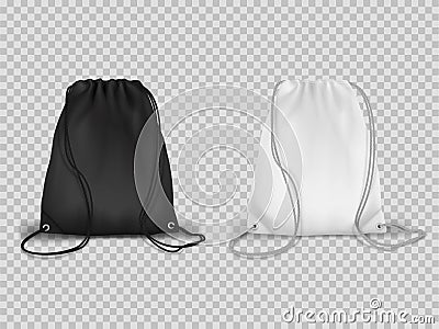 Sport drawstring backpacks realistic set. Cinch tote bags black and white. Vector Illustration