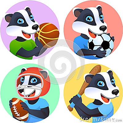 Sport emblems for basketball, soccer, American football and baseball with a wild badger in the t-shirt as a sportsman Vector Illustration