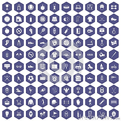 100 sport equipment icons hexagon purple Vector Illustration