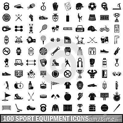 100 sport equipment icons set, simple style Vector Illustration