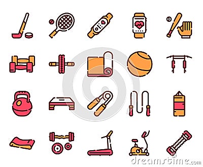 Sport equipment linear color vector icons set Vector Illustration