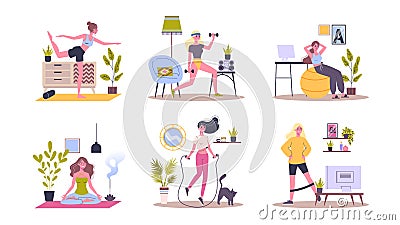 Sport exercise at home set. Woman doing workout indoor Vector Illustration