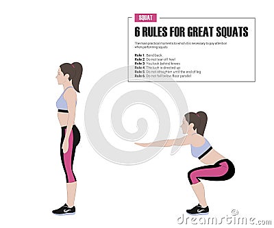 Sport exercises. Exercises with free weight. Squat. Illustration of an active lifestyle. Stock Photo