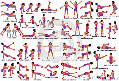 Sport exersice. Silhouettes of woman doing exercise. Workout, training Cartoon Illustration