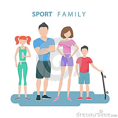 Sport family. Father, mother, daughter and son. Healthy lifestyle. Vector Illustration